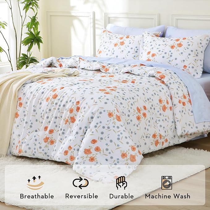 MUXHOMO Orange Blossom Bed in a Bag King 7 Pieces, King Comforter Set Reversible Botanical Flowers Design, Ultra Soft & Breathable Bedding Sets with Comforter, Sheets, Pillowcases & Shams