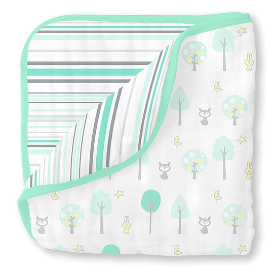 SwaddleDesigns 4-Layer Cotton Muslin Luxe Blanket, Baby and Toddler Cuddle and Dream, 46x46 inches, Green Woodland and Stripes