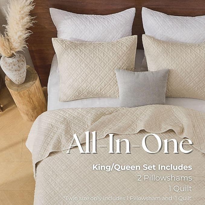 King Quilt Set with Shams Lightweight Quilted Bedspread Coverlet Thin Comforter Bed Cover Vintage Washed Quilted Blanket for All Season, Brushed Microfiber Diamond Stitching, Beige, 104"x92"