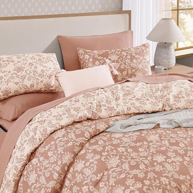 Twin XL Comforter Set -5 Pieces Floral Clay Pink Bedding Set for All Seasons, Bed in a Bag with Botanical Flowers Comforter, Sheets, Pillowcase & Sham