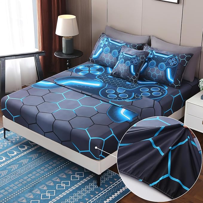 JQinHome Twin Gamer Comforter Set 6 Piece Bed in A Bag for Boys,3D Video Game Bedding -All Season Soft Microfiber Down Alternative Comforter Gamer Bedding Sets for Kids (Blue)