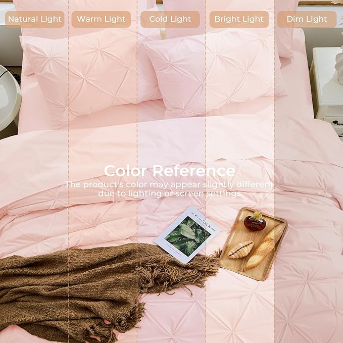 Sasttie King Size Comforter Set, 7-Piece Bed in a Bag, Pintuck Bedding Set for All Season, Includes Comforter, Flat Sheet, Fitted Sheet, Pillowcases and Pillowshams, Blush Pink