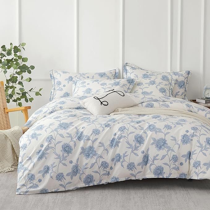 Elegant 100% Cotton Duvet Cover King Size - Soft Blue Peony Flowers on White, Vintage Bedding Set 3Pcs with Button Closure, 1 Duvet Cover 104"x90" and 2 Pillow Shams 20"x26"