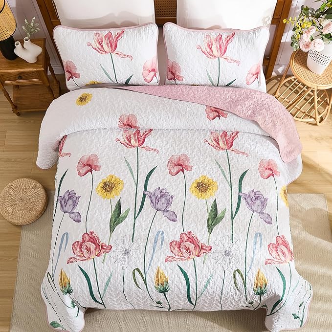 WONGS BEDDING Pink Quilt Set Queen,3 Pieces Colorful Delicate Floral Bedspread Set, Soft Lightweight Reversible Bedding Coverlet with 2 Pillowcases(96"x90")