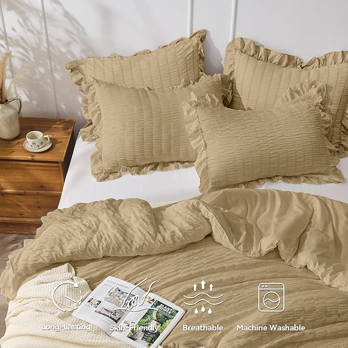 JOLLYVOGUE Twin Size Comforter Set, 2 Pieces Light Coffee Seersucker Lightweight Fluffy Bedding Set, Twin Ruffle Comforter, All Season Soft Microfiber Shabby Chic Bed Set