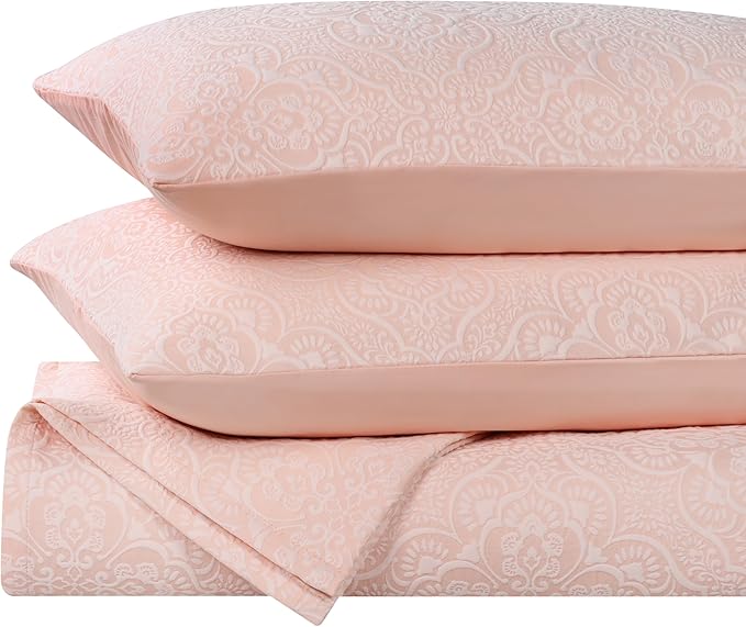 Superior 3 Piece Bedspread Set, Home Bed Decor, Decorative Bed Spread, 2 Pillow Shams, Medium Weight Blanket, Floral Matelasse Coverlet, Bedding Essentials, Enzy Collection, Full, Peach