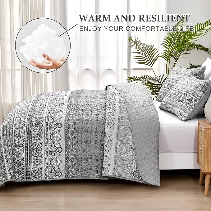 WONGS BEDDING Boho Queen Quilt Set, Grey Bohemian Queen Quilt Bedding Set, Lightweight Microfiber Bed Decor Bedspread for All Season 96"x90"(3 Pieces)
