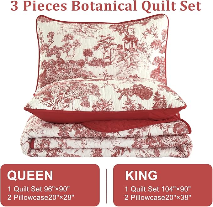 WONGS BEDDING Botanical Quilt Set Queen Size, Red 3 Pieces Floral Plants Printed Bedspread Bedding Set Christmas Soft Lightweight Microfiber Coverlet Set for All Season (96"x90")