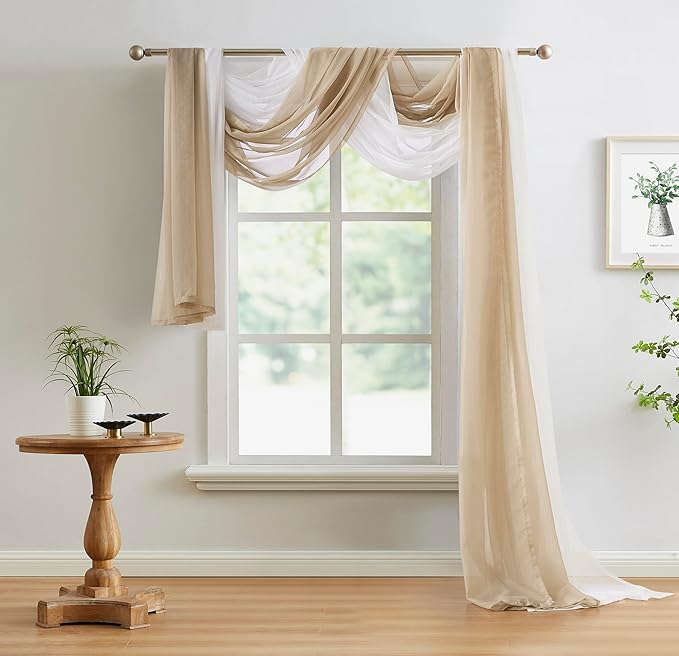 Warm Home Designs Double Window Scarves Bundle. Each White & Brown Window Scarf Valance is 55" x 144". Great for Brown Room Decor, as Canopy Bed Curtains or Draping Fabric. AS White & Taupe 144"
