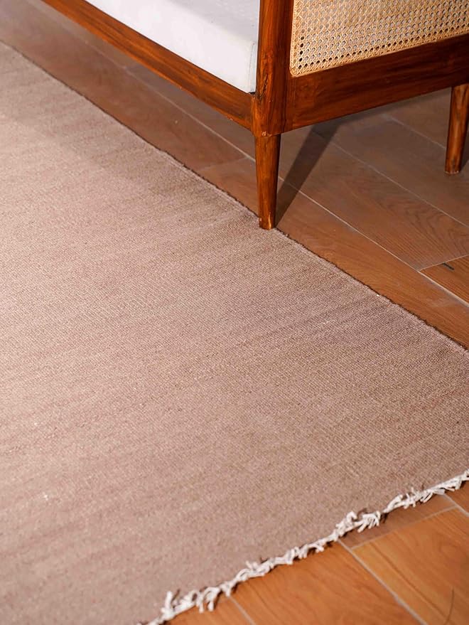 Rugsotic Carpets Hand Woven Flat Weave Kilim Wool ECO-Friendly Area Rugs - 3'x5', Rectangle Shape, Light Brown Color, Solid Plain Design, Low Pile Handmade Rugs for Living Room (D00111)