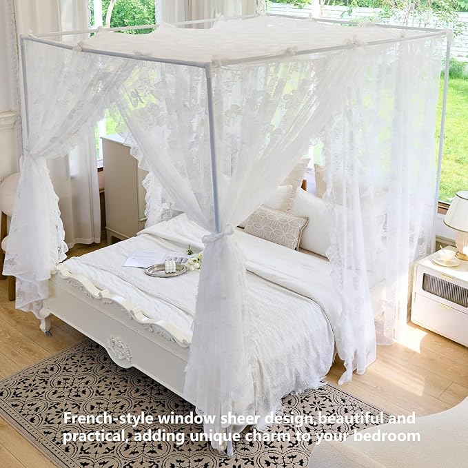 AIKASY Elegant Lace Princess 4-Poster Bed Canopy Mosquito Net - Romantic Wedding Bridal Bedroom Decor, Kids Room Bed Curtain for Women Adults - (White-4,Queen)