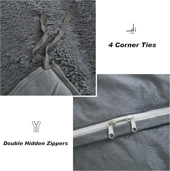 annadaif Plush Shaggy Duvet Cover, Dark Gray Fluffy Comforter Cover Set King Size, Fuzzy Faux Fur Bedding Set with Zipper Closure, Luxury Ultra Soft 3 Pieces (1 Duvet Cover, 2 Pillowcases)