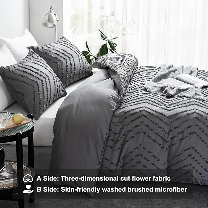 WARMDERN Boho Duvet Cover Set, Tufted Bedding Duvet Covers Soft Washed Microfiber Duvet Cover Queen Size, 3 Pieces Embroidery Shabby Chic Duvet Cover with Zipper Closure(Grey, Queen)