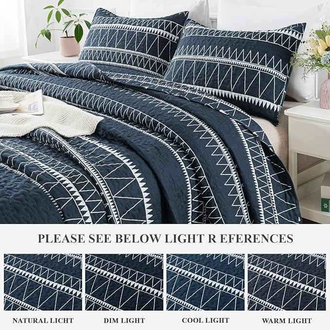 Andency Navy Oversized Super King Plus Quilt Set, 3 Pieces Boho Lightweight Soft Striped Bedspread for All Season (128"x120"), Printed Bohemian Microfiber Reversible Coverlet Comforter Sets