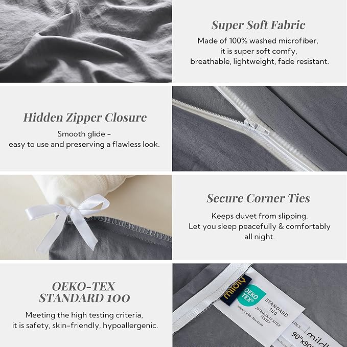 MILDLY Super Soft Duvet Cover 2pcs - 100% Washed Microfiber Dark Grey Comforter Cover Set with Zipper Closure & Corner Ties (No Comforter)