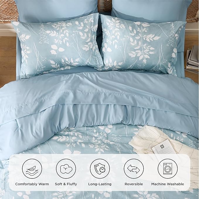 Bedsure Sky Blue Full Comforter Set - 7 Pieces Floral Bedding Sets, Full Bed in a Bag with Reversible Botanical Flowers Comforter, Sheets, Pillowcases & Shams