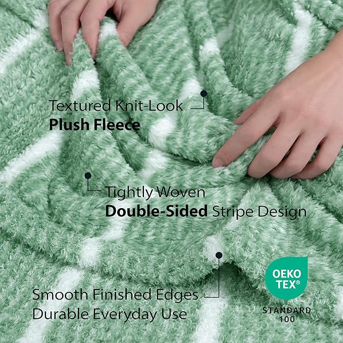 DEZ FURNISHINGS Oversized Cozy Knit Look Cloud-Soft Plush Printed Fleece Throw Blanket, Lightweight & Breathable, Queen (90" x 90"), Sage Green Stripe