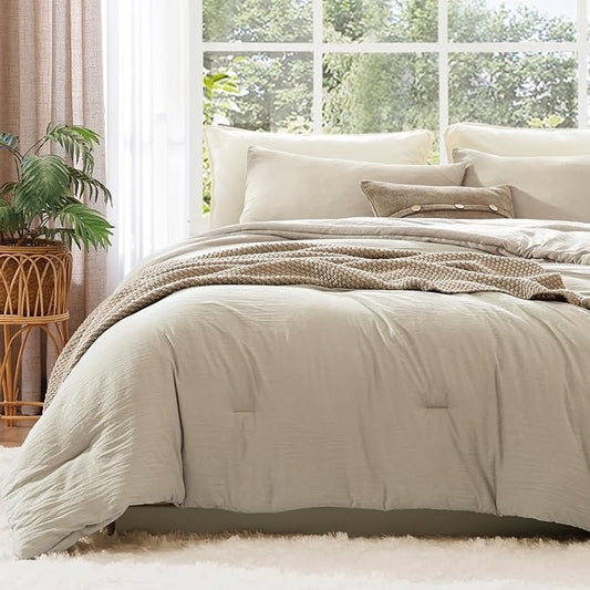 WRENSONGE Queen Comforter Set - 3 Pieces Prewashed Light Oatmeal Comforter Soft Lightweight for All Seasons,Down Alternative Comforters Queen Size with 2 Pillow Shams