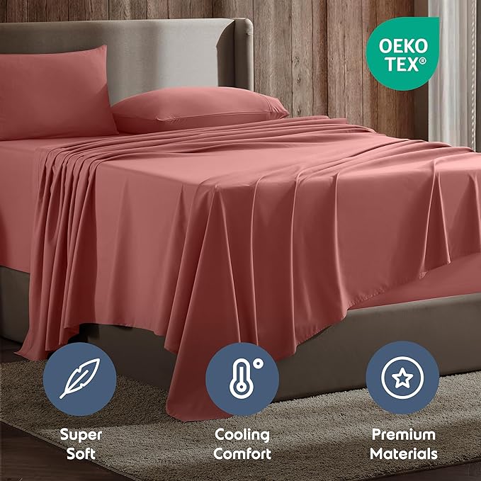 Nestl Luxury 1800 Ultra-Soft Microfiber Full Bed Sheets - Double Brushed - Deep Pockets - Easy Fit - 4 Piece Set - Bedding Sheets & Pillowcases (Full, Pink Clay)