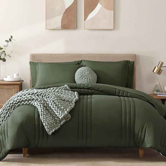 Monbix Oversized Queen Size Comforter Set - 7 Pieces Bed in a Bag, Olive Green Bedding Sets with Comforter, All Seasons Comforter Bed Set with Sheets, Pillowcases & Shams