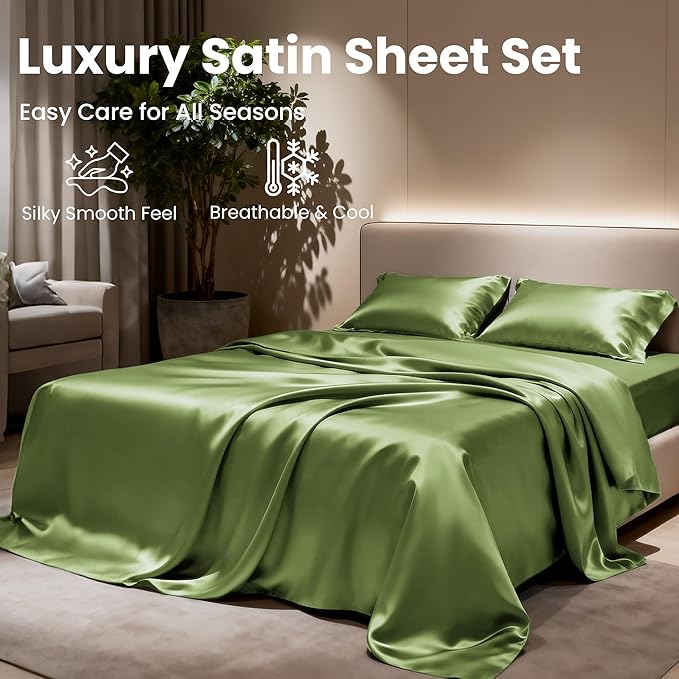 Love's cabin Twin Satin Sheets Sets - 3 Piece Sage Silky Bed Sheets with Deep Pockets, Luxury Silk Feel Satin Twin Size Sheet Set Bedding Set (1 Flat Sheet,1 Fitted Sheet,1 Pillow case)