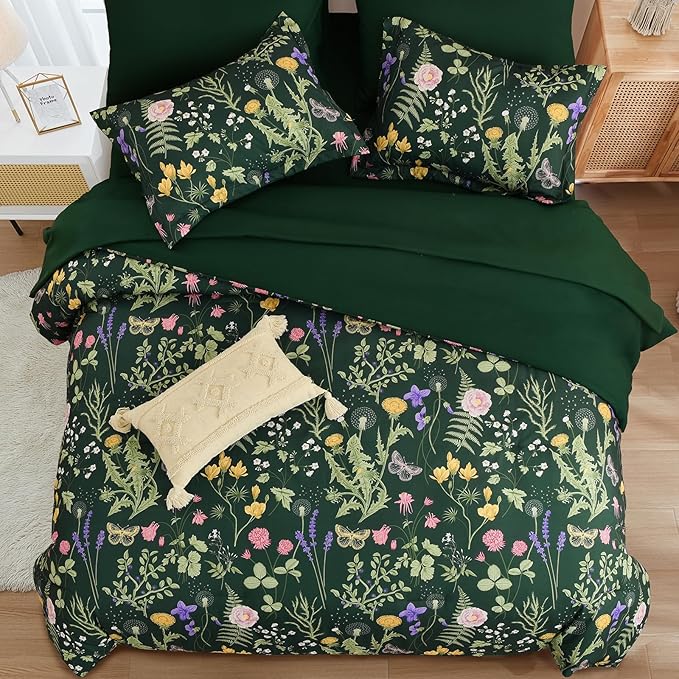 Yiran King Size Comforter Set 7 Piece, Dark Green Floral Bedding Set, Bed in a Bag King with Botanical Flowers Pattern, Soft Microfiber Complete Bedding Set with Sheets for All Season