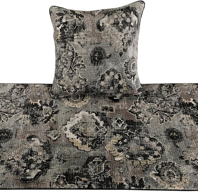 The HomeCentric Designer Black & Grey King 90 x 18 inch Bed Runner with 2 Pillow Cover Set, Velvet Damask with Tassels Bed Scarf, Abstract Modern - Paved Damask
