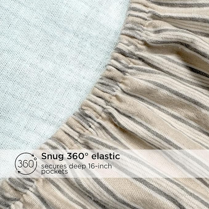 Briarwood Home® 100% Cotton Printed Flannel Sheet Set 4 Piece Brushed Turkish Bedding Super Soft, Warm, Cozy, Deep Pocket & Breathable All Season Sheets & Pillow Set (Oak Stripes, Full)