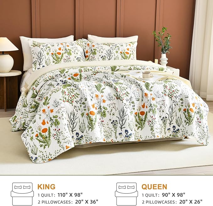 QSH Floral Quilt King Size Bedding Set (110"x98") 3Pcs 100% Cotton Quilt King Yellow Flowers Leaves Plant Botanical Pattern Printed Bedspread Coverlet Spring Summer Soft Lightweight Quilt Set