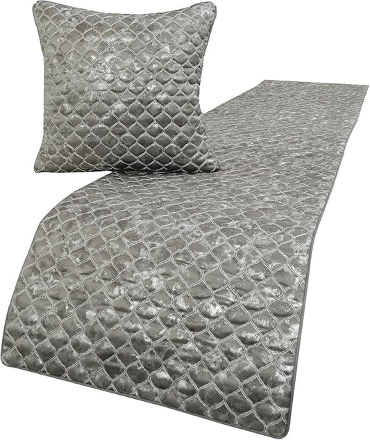 The HomeCentric King/Queen/Twin Grey & Silver Designer Full 68"x18" Bed Runner with Pillow Cover, Quilted, Foil & Trellis Bed Scarf on Silk Fabric - Jumanah