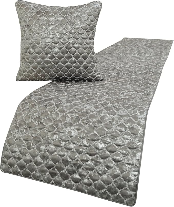 The HomeCentric King/Queen/Twin Grey & Silver Designer Queen 74"x18" Bed Runner with 2 Pillow Cover, Quilted, Foil & Trellis Bed Scarf on Silk Fabric - Jumanah
