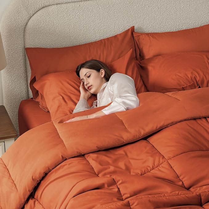 Anluoer Full Size Bed in a Bag 7 Pieces, Burnt Orange Bed Comforter Set with Sheets, All Season Bedding Sets with 1 Comforter,2 Pillow Shams,2 Pillowcases, 1 Flat Sheet,1 Fitted Sheet