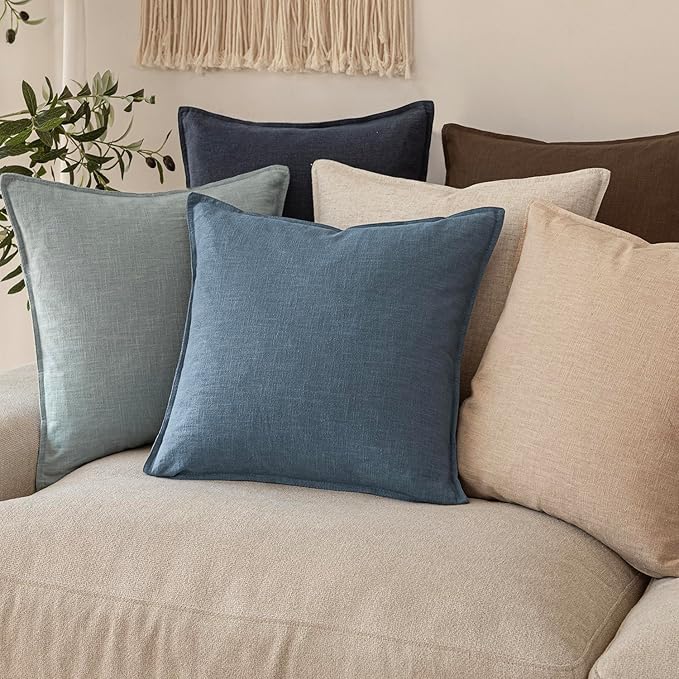 Foindtower Set of 2, Decorative Linen Soild Throw Pillow Covers Soft Accent Euro Cushion Case Boho Farmhouse Neutral Pillowcase for Couch Sofa Bedroom Living Room Home Decor 22 x 22 Inch Misty Blue