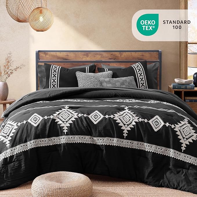 MaiRêve Embroidery Comforter Set, Boho Farmhouse Western Bedding Set, All Season Bed in A Bag Comforter Set with Sheets, Pillowcases & Shams, Black Full 7 Pieces
