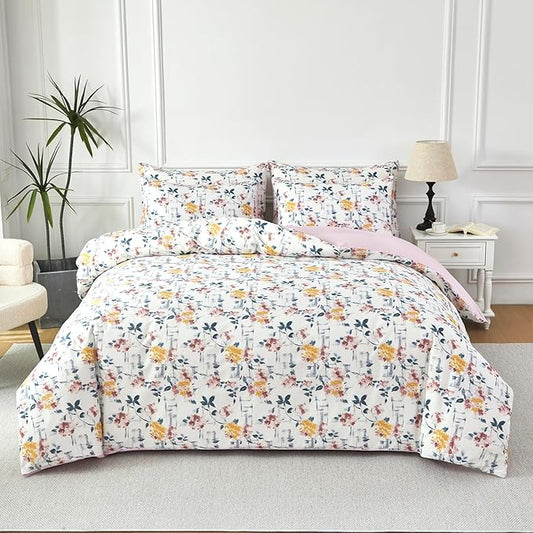 URBONUR Garden Floral Duvet Cover Set 100% Egyptian Cotton Silky Sateen Smooth Breathable Durable Soft Bedding Sets Purple Yellow Flowers Printed on White (3Pcs King, 104''x90'')