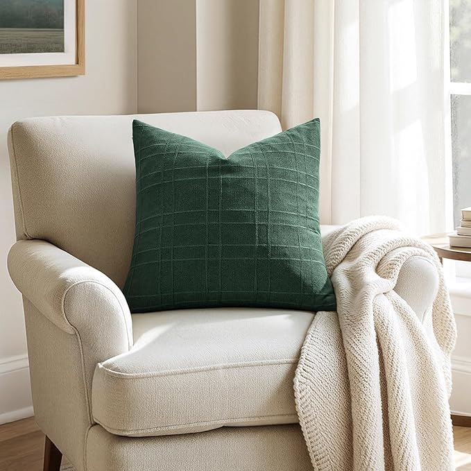 MIULEE Decorative Linen Check Euro Shams Throw Pillow Covers Neutral Farmhouse Vintage Spring Pillow Covers 24x24 Set of 2 Boho Modern Home Decor for Sofa Couch Bedroom Cushion Dark Green