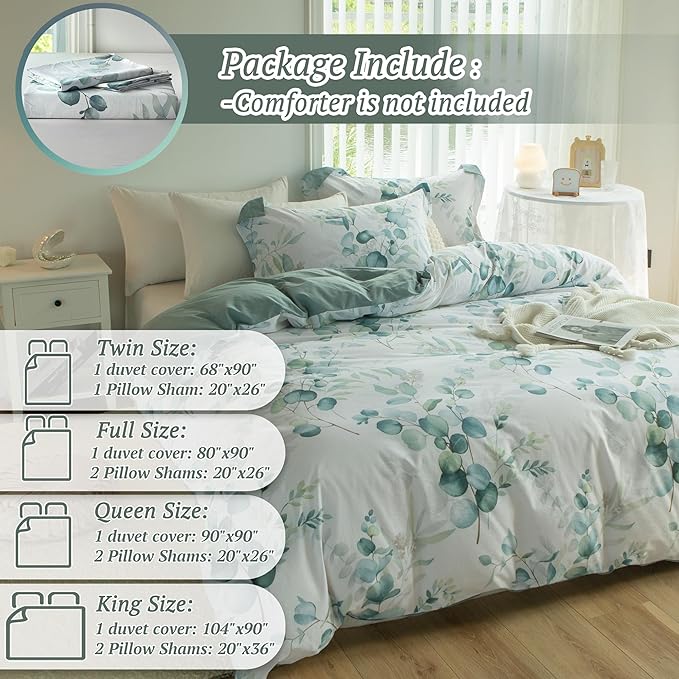 MILDLY Duvet Cover Leaf Pattern - 100% Washed Cotton Eucalyptus Printed Comforter Cover Sage Green Bedding Set with Zipper Closure 4 Ties Full Size