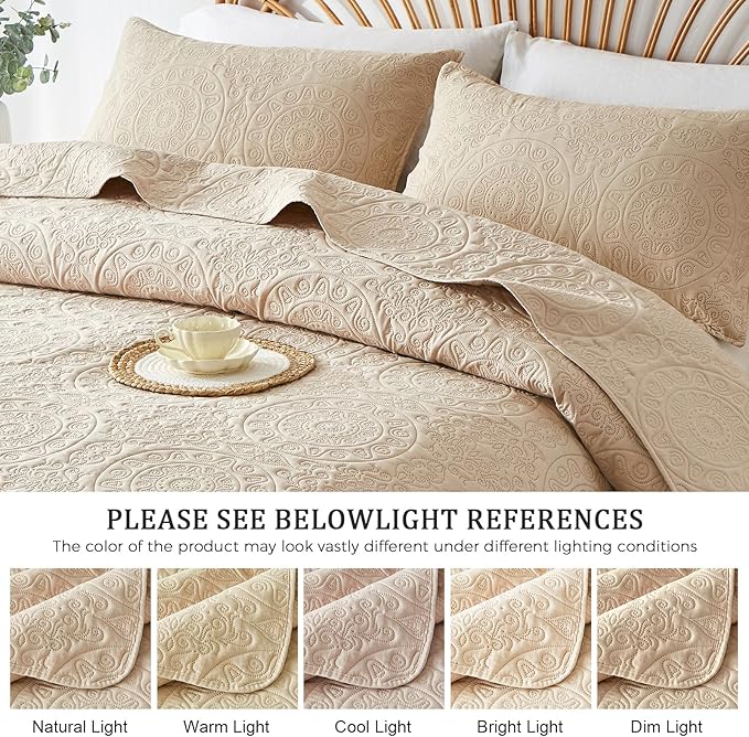 WURUIBO Beige Quilt Set Queen Size, Embossing Microfiber Full Bedspreads with Pillow Sham, Ligthweight Breathable Thin Coverlet, Reversible Bedding Set for All Season (1 Quilt, 2 Pillow Shams)