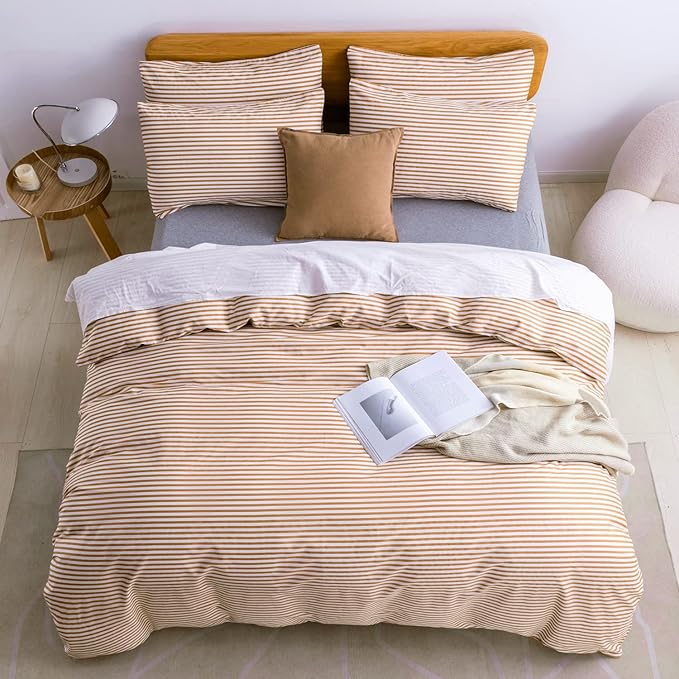 JELLYMONI Full Duvet Cover Set, Cotton Duvet Cover 3 Pieces with Zipper Closure, 1 Duvet Cover and 2 Pillowcases(White with Rust Striped)