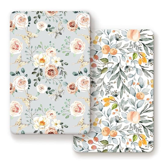 GRSSDER Stretchy Ultra Soft Jersey Knit Fitted Pack n Play Sheets Set 2 Pack, Portable/Mini Crib Sheets for Girls, Watercolor Flowers and Fruits