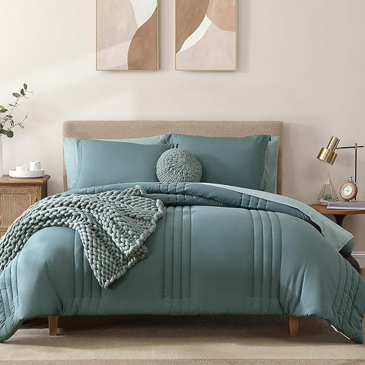 Monbix Queen Comforter Set - 7 Pieces Blue Green Bed in a Bag Queen Bedding Sets with Comforters, All Seasons Comforter Bed Set with Sheets,Pillowcases & Shams