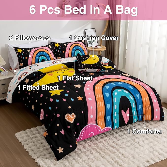 A Nice Night Bedding 6 Pcs Cartoon Rainbow Bedding Set with Smile Moon Printed for Boys Girls Bed Comforter Sets (Black, Twin)