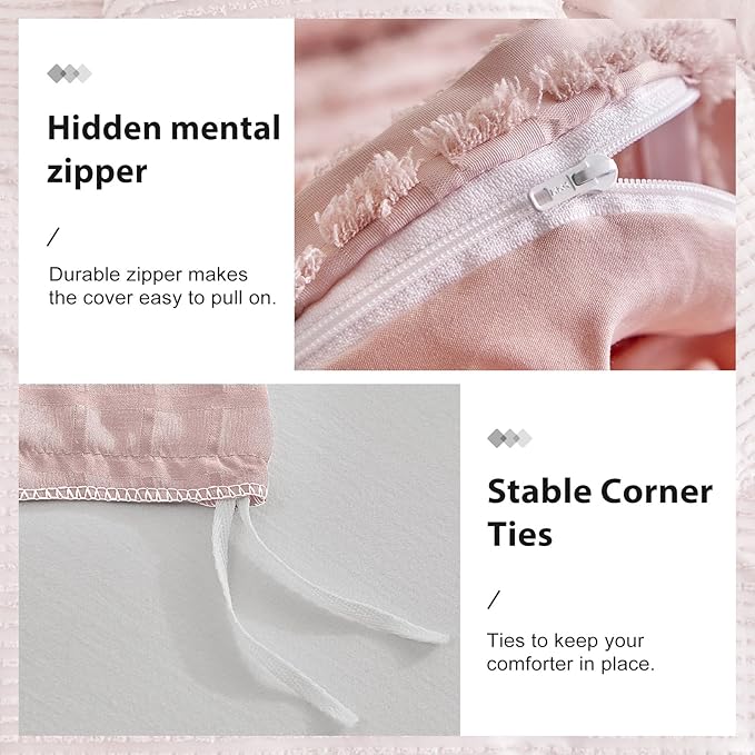 WARMDERN Boho Duvet Cover Set Queen Size, Pink Striped Duvet Cover Microfiber Bedding Set, 3PCS Ultra Soft Breathable Lightweight Tuft Texture Duvet Covers with Zipper Closure(Pink, King)