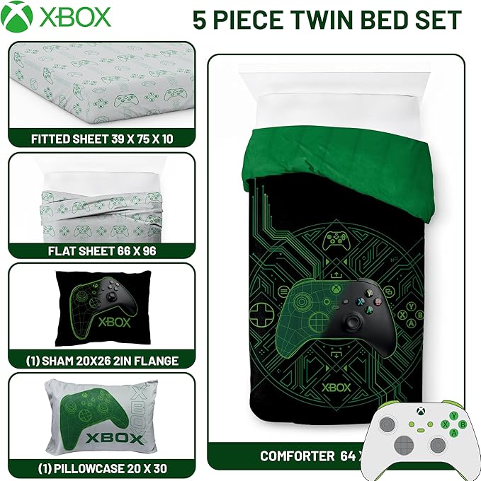 Jay Franco Kids Comforter Set Includes Sheets and Pillow Covers - Soft and Cozy Bed Set for Stylish Room Decor, Official Licensed Product, White - Xbox, 5 Piece Twin