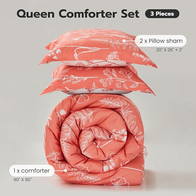 Joiedomi King Size Comforter Set Coral Orange, 3 Pieces Floral King Bedding Set with 1 Soft Reversible Botanical Comforter and 2 Pillow Shams, Bed in a Bag for All Seasons