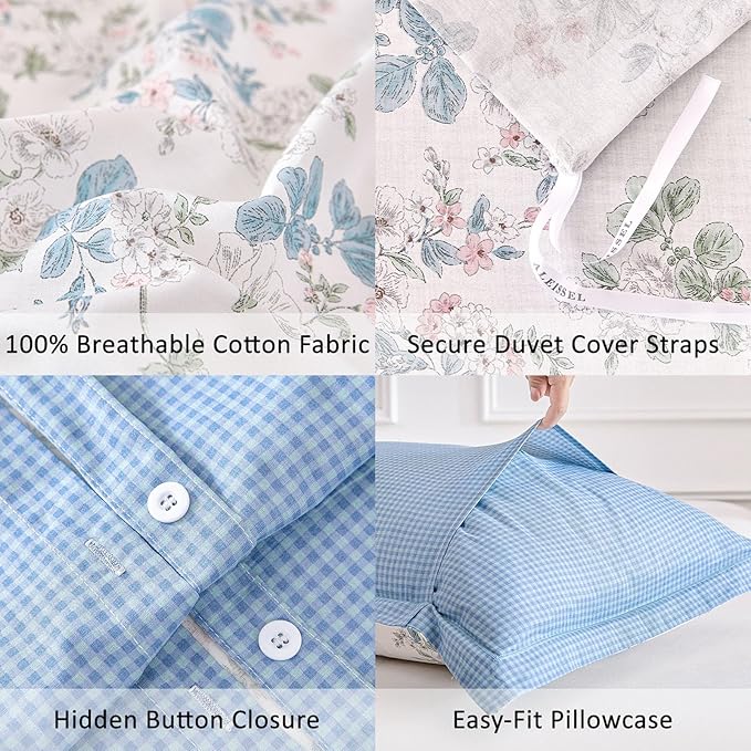 French Country 100% Natural Cotton Duvet Cover Sets 3Pcs - Delicate Pastel Floral Print on White with Soft Blue Mini Check Reverse, Neutral Bedding Set with Button Closure(King,104"×90"