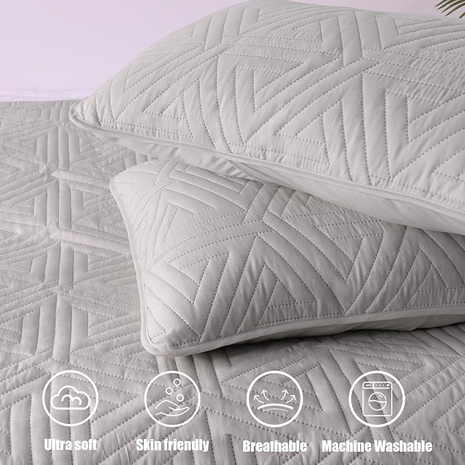 Whale Flotilla Soft King Size Quilt Set for All Seasons, 3-Piece Ultrasonic Geometric Quilts Bedding Set, Lightweight Reversible Bedspread, Coverlet, Bed Cover with 2 Pillow Shams, Lightgrey