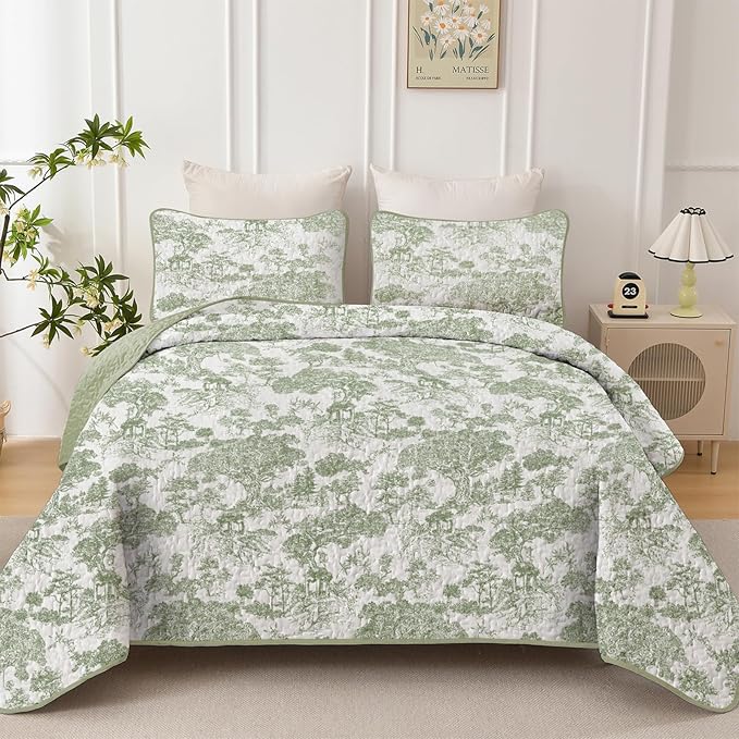 WONGS BEDDING Botanical Quilt Set Twin Size, Sage Green 3 Pieces Toile Floral Plants Printed Bedspread Bedding Set Soft Lightweight Microfiber Coverlet Set for All Season (86"×68")