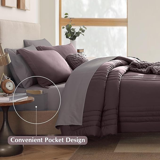 Monbix California King Size Comforter Set - 7 Pieces Bed in a Bag California King, Plum Bedding Sets with Comforter, All Seasons Comforter Bed Set with Sheets, Pillowcases & Shams