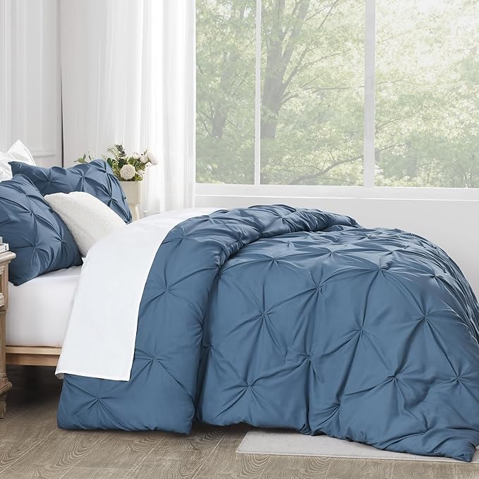 Andency Ocean Blue Queen Comforter Set, 3 Piece All Season Decorative Pintuck Bedding Comforter & Sets, Ocean Blue Soft Microfiber Lightweight Washable Bed Set for Queen Size Bed